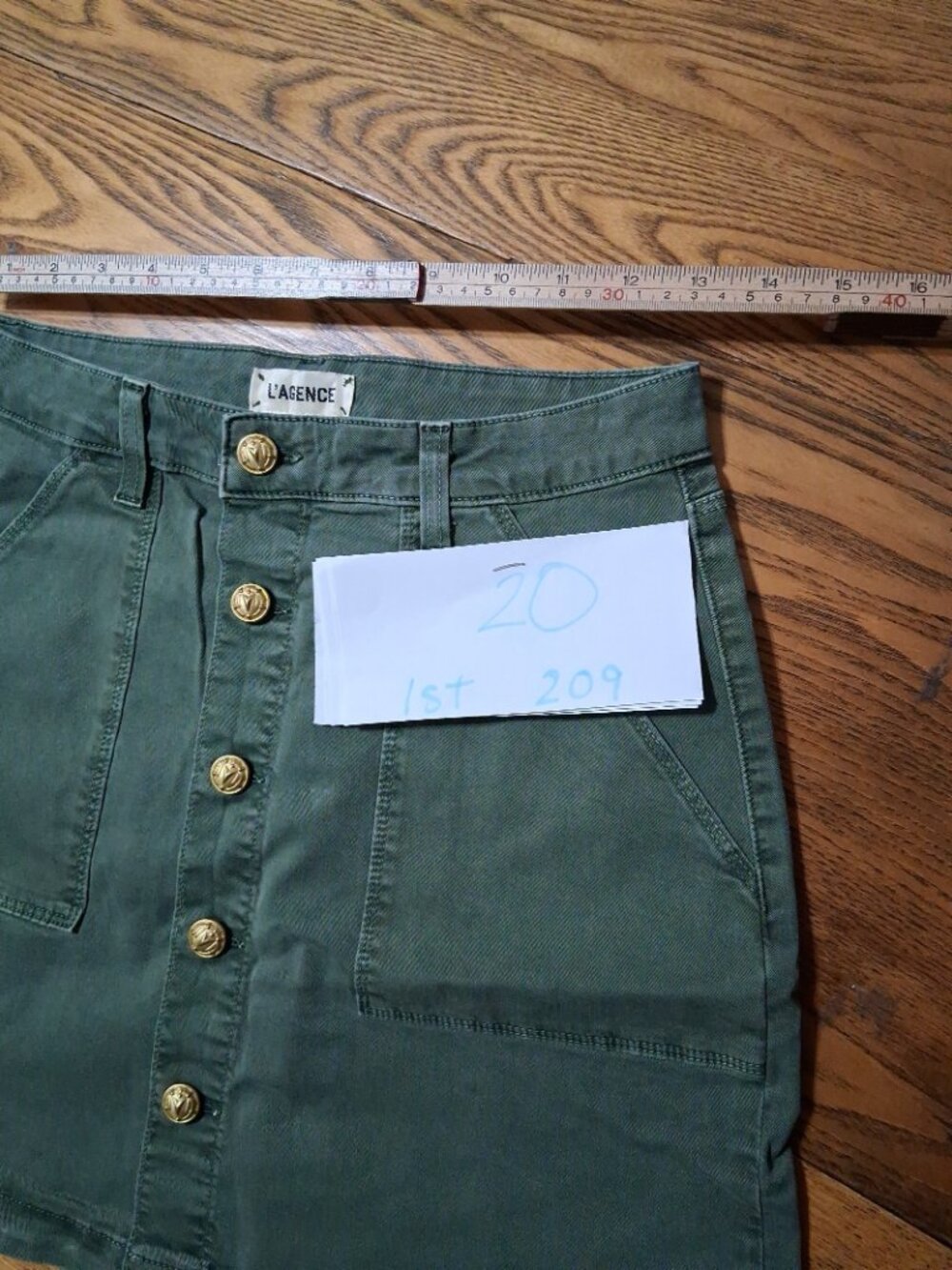 L'AGENCE WOMENS SKIRT DENIM 25 GREEN NEW MINI GOLD BUTTONS JEAN DORA CLOVER NEW - Picture 2 of 5